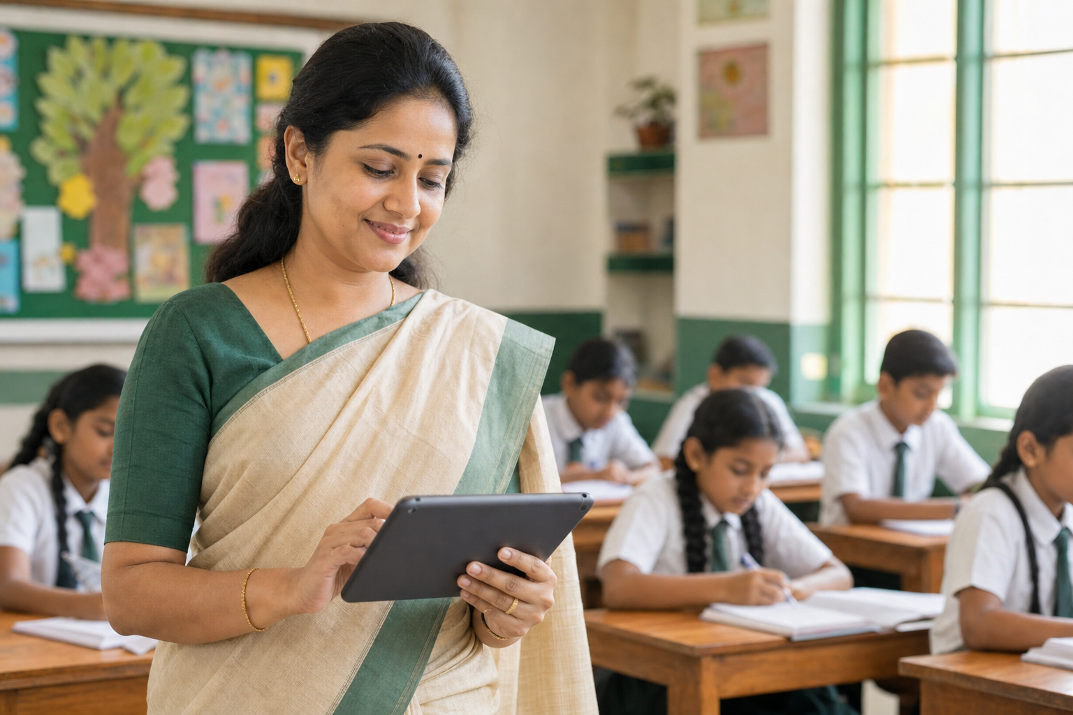 Teacher taking attendance on a tablet